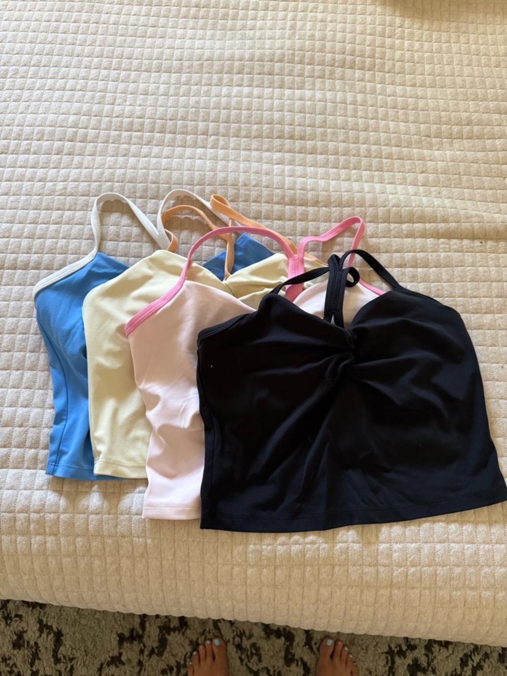 All in motion Crop Top 4 pack-Black, White, Blue, Cream, Pink Trim